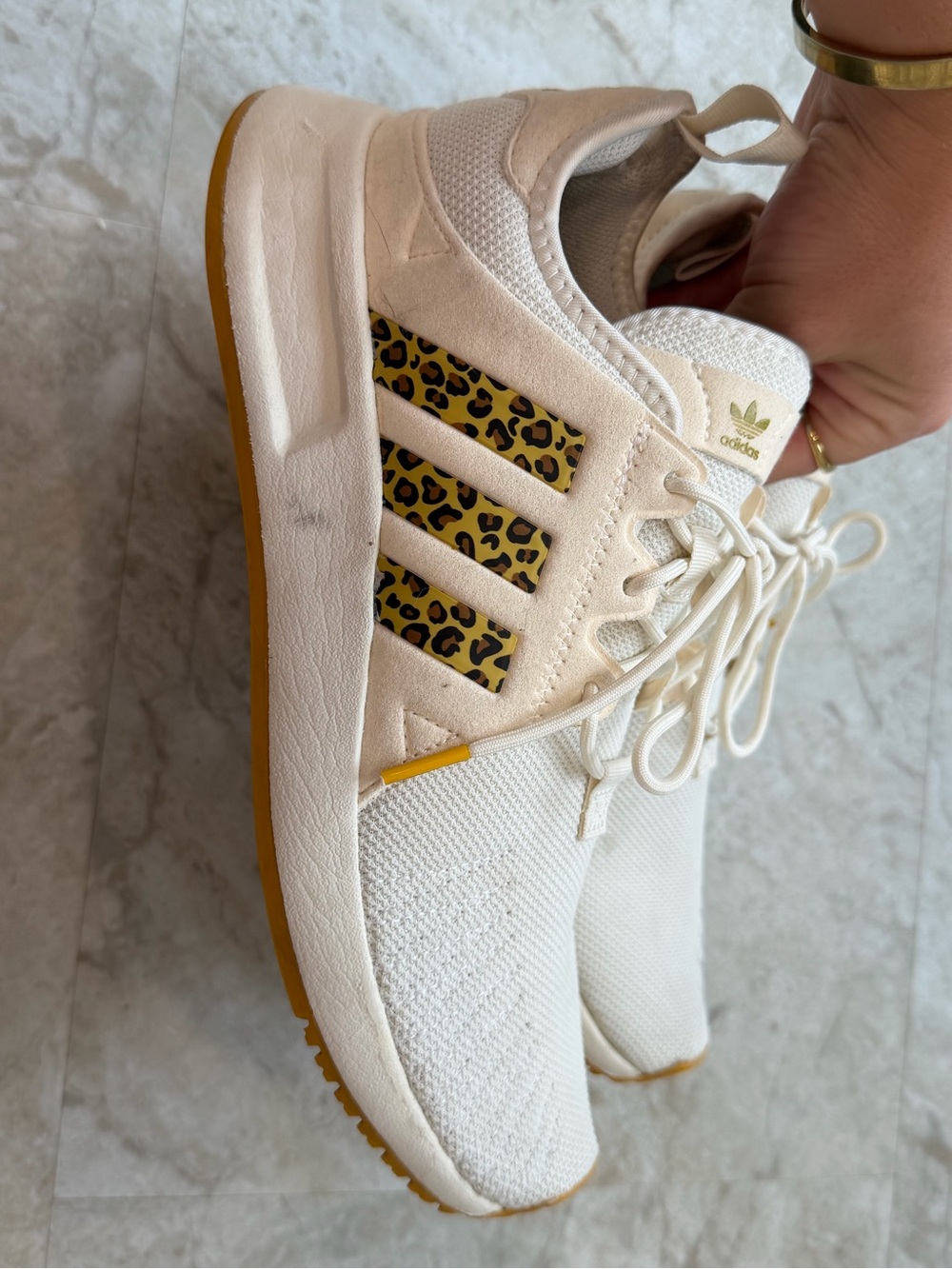 Adidas Kid’s Cream Leopard-Accent Sneaker Size 6.